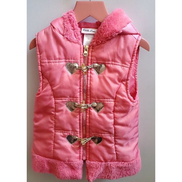 Little Lass Vest Puffer Coral Sparkle Dots & Gold Hearts 6X Fur Edge Hood & Trim - Picture 1 of 10